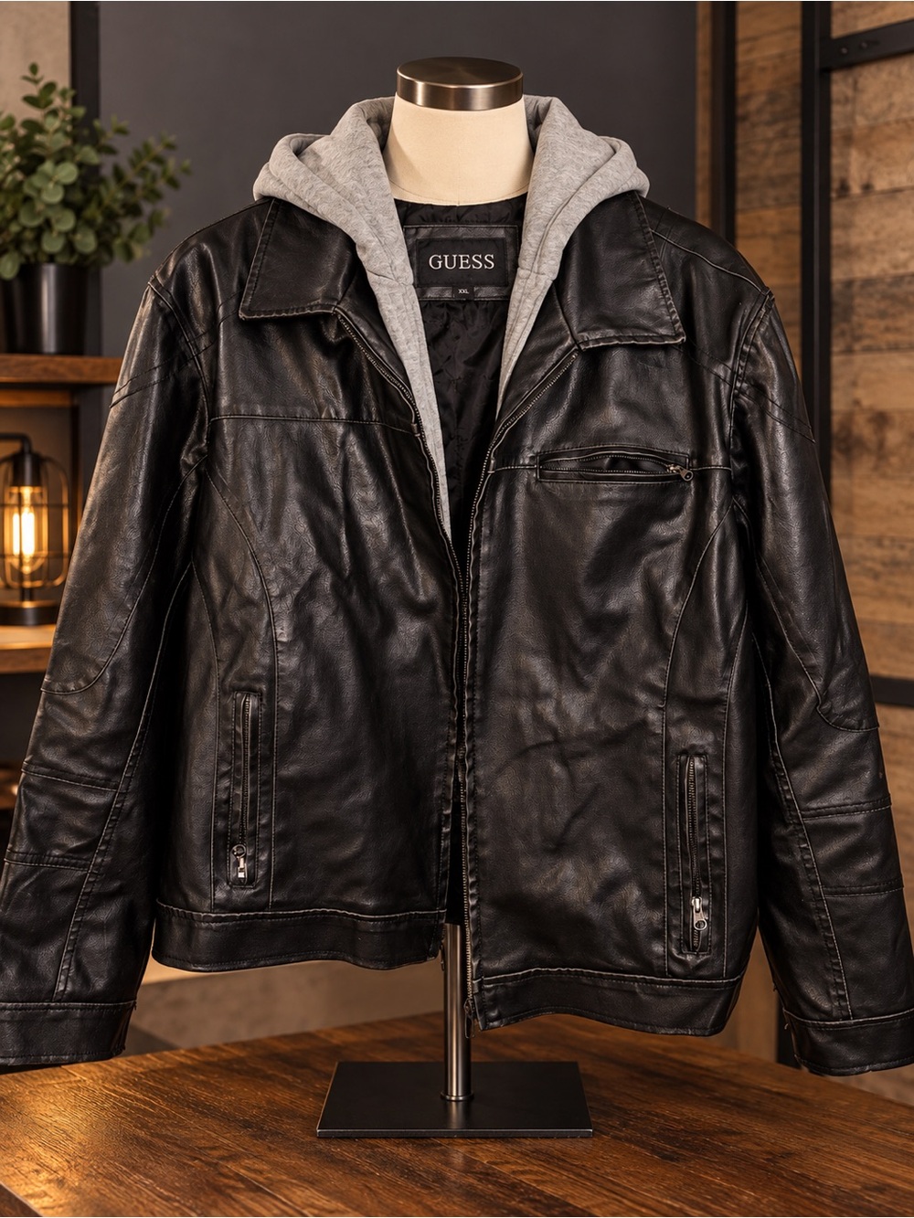GUESS Black Faux Leather Bomber Jacket with Grey Hooded Liner